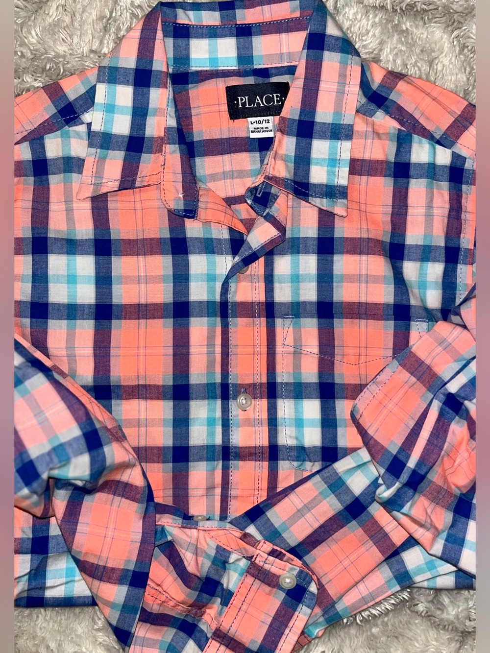 The Children's Place Coral Pink Blue Plaid Button-Down Shirt